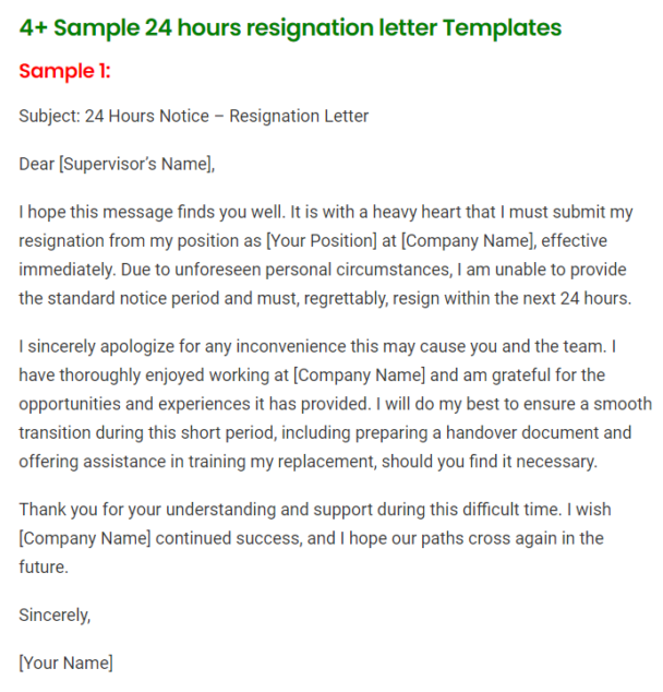 4+ Sample 24 Hours resignation letter Templates