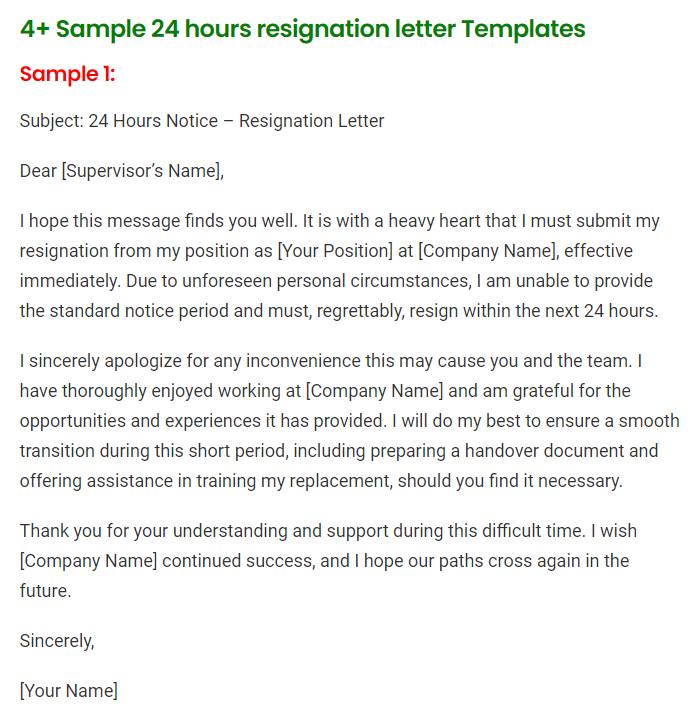 24 Hours resignation letter