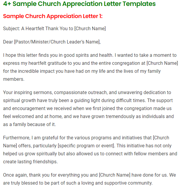 Church Appreciation Letter