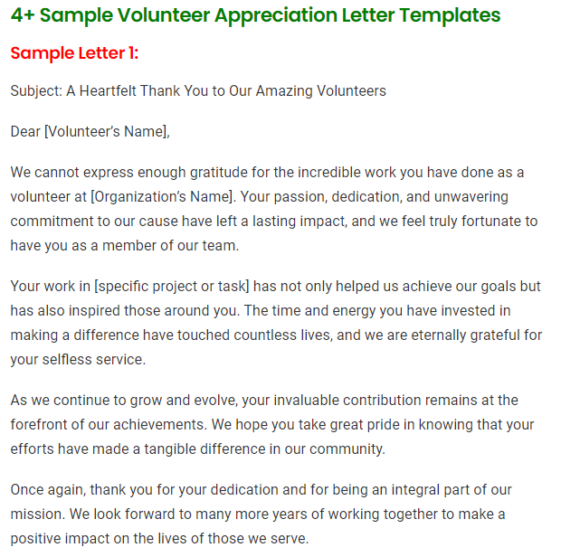 4+ Sample Volunteer Appreciation Letter Templates