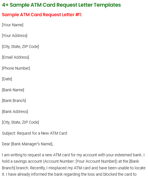 ATM Card Request Letter