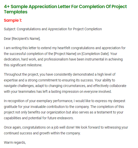 Appreciation Letter For Completion Of Project