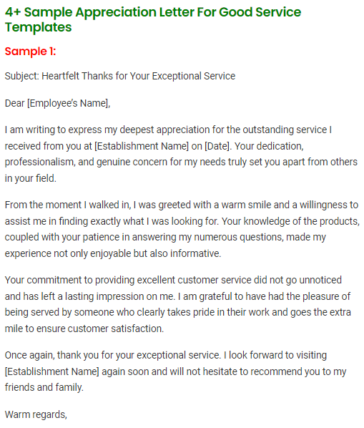 letter of appreciation sample for good service