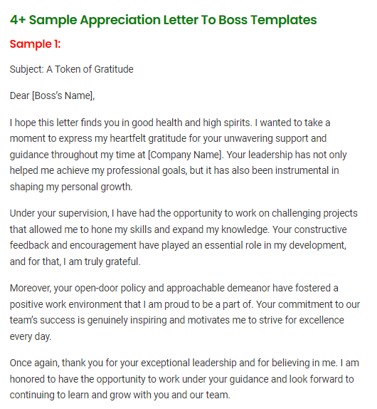 sample letter of appreciation to boss