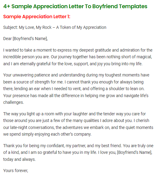 4+ Sample Appreciation Letter To Boyfriend Templates