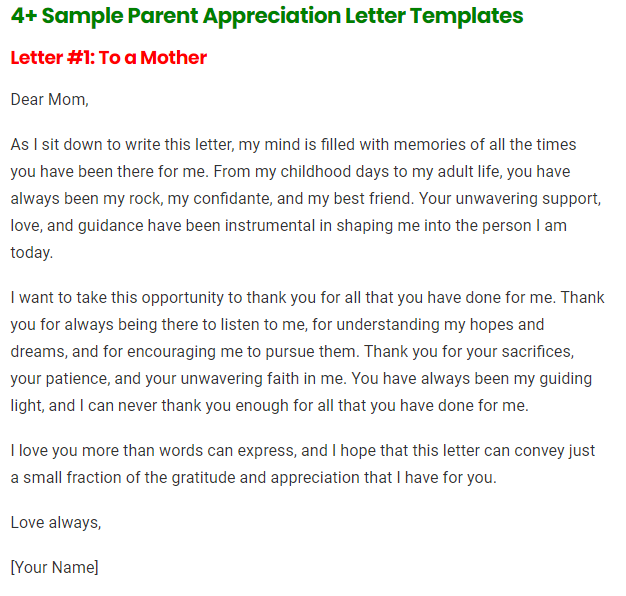 Parent Appreciation Letter