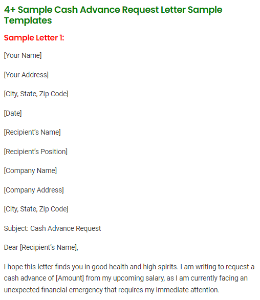 Cash Advance Request Letter Sample