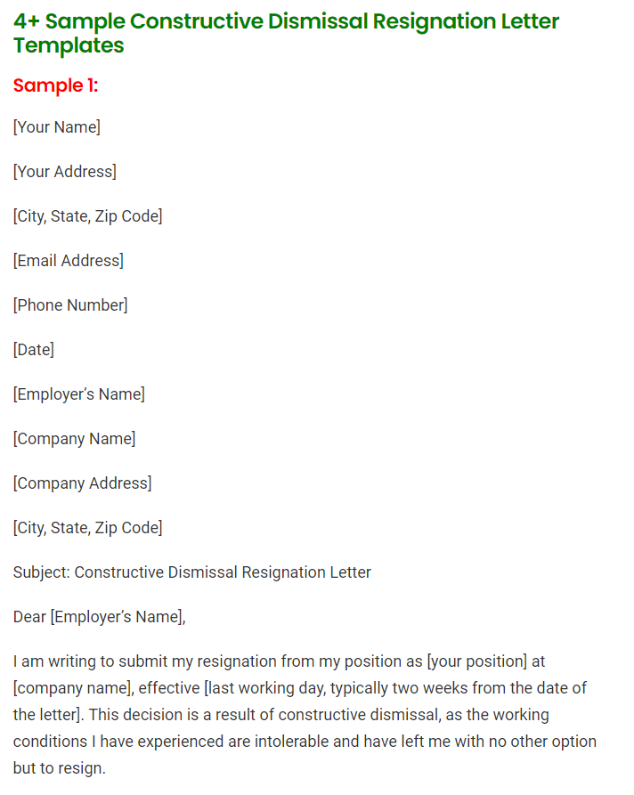 Constructive Dismissal Resignation Letter