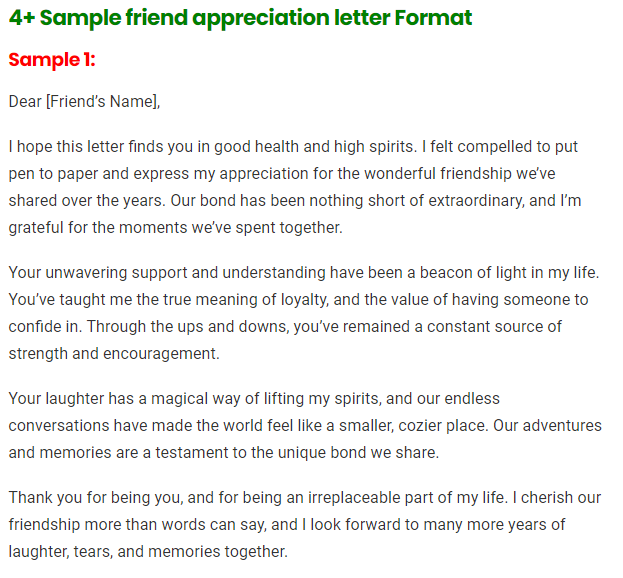 friend appreciation letter