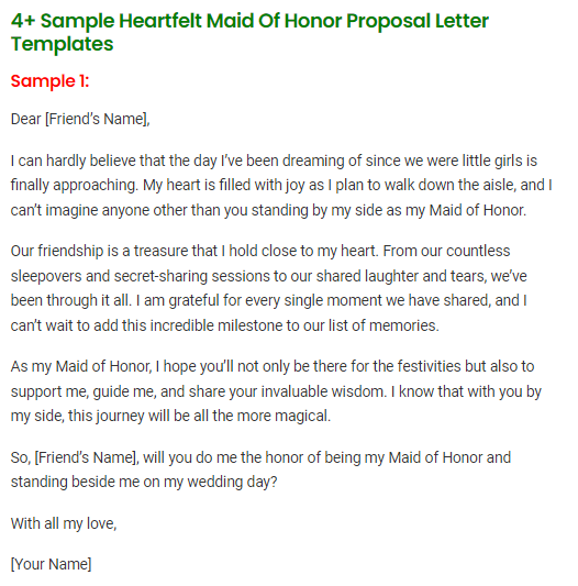 Heartfelt Maid Of Honor Proposal Letter