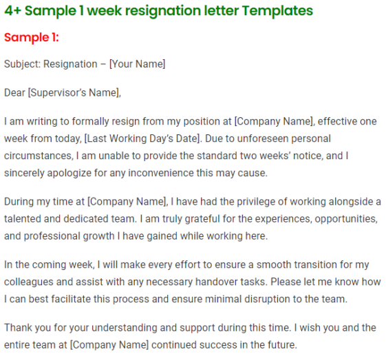 4 Sample 1 Week Resignation Letter Templates 