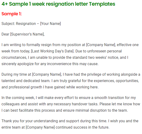 1 week resignation letter