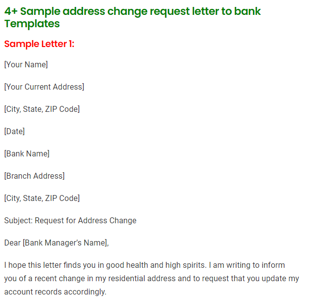 address change request letter to bank