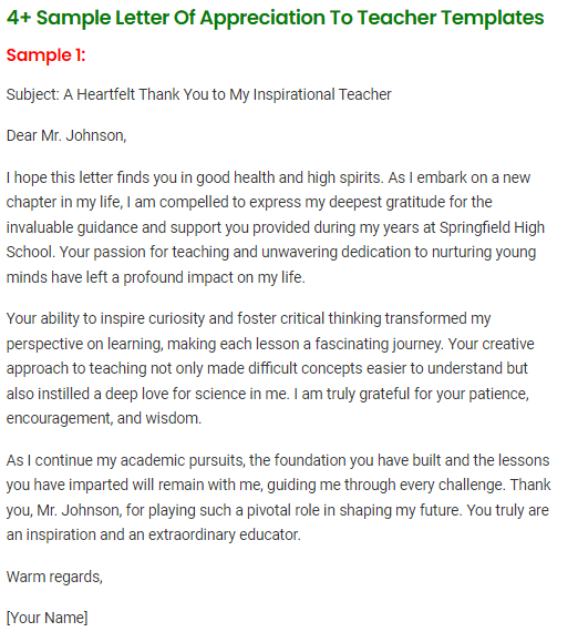 Letter Of Appreciation To Teacher