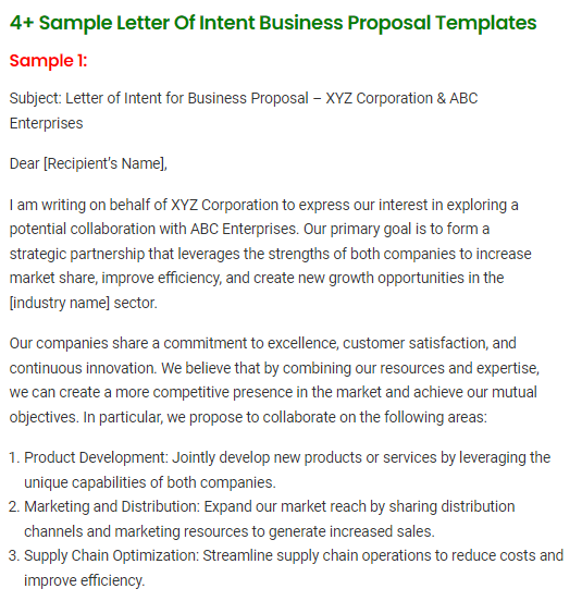 Letter Of Intent Business Proposal