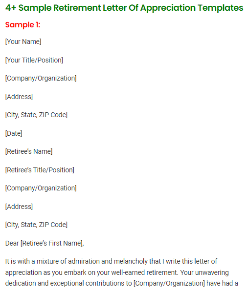 Retirement Letter Of Appreciation