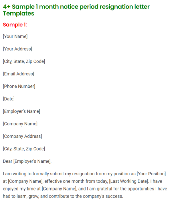 one month notice termination letter sample