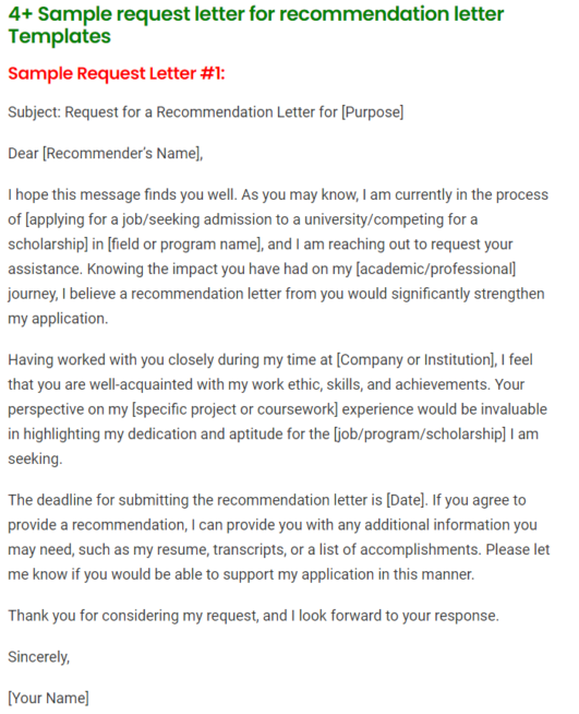 4+ Sample request letter for recommendation letter Templates