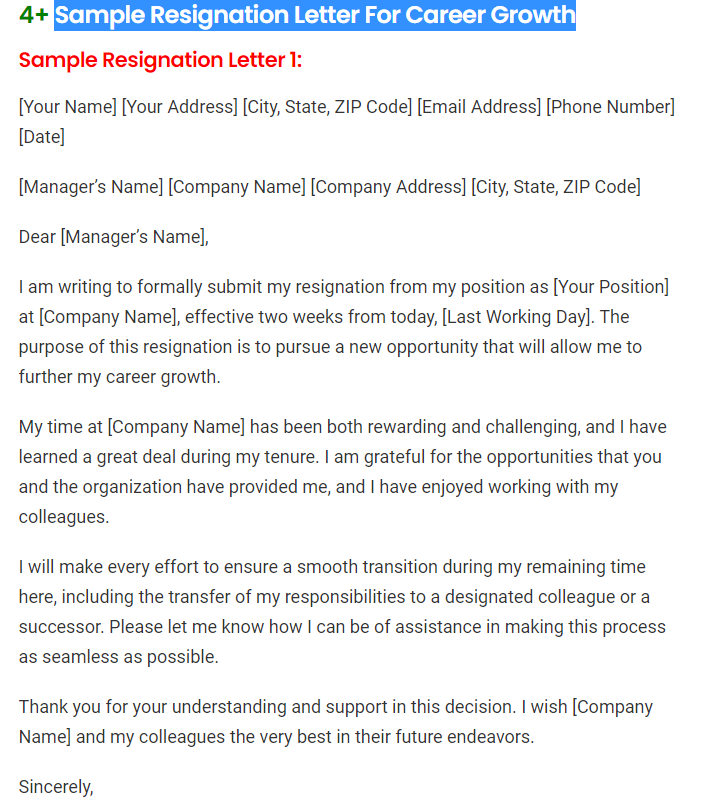 Sample Resignation Letter For Career Growth