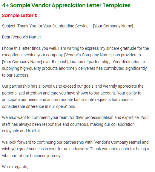 Vendor Appreciation Letter