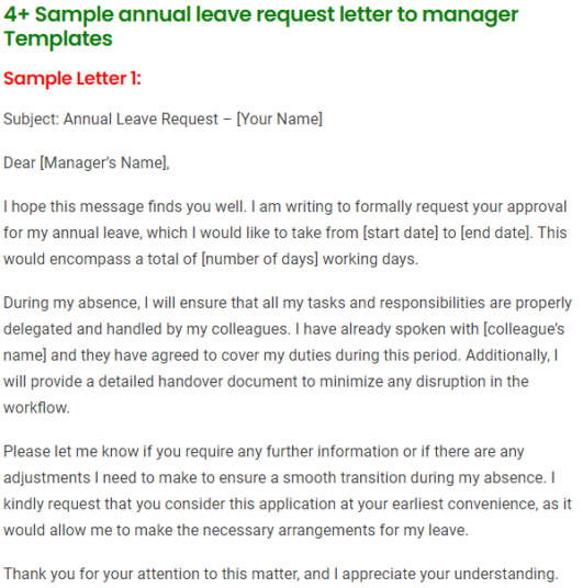 4+ Sample annual leave request letter to manager Templates