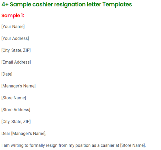 4 Sample Cashier Resignation Letter Templates   Cashier Resignation Letter 531x492 