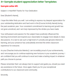 4+ Sample student appreciation letter Templates