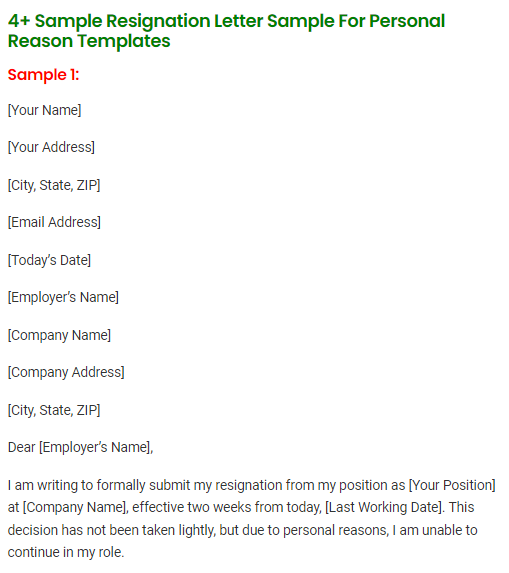 Resignation Letter Sample For Personal Reason