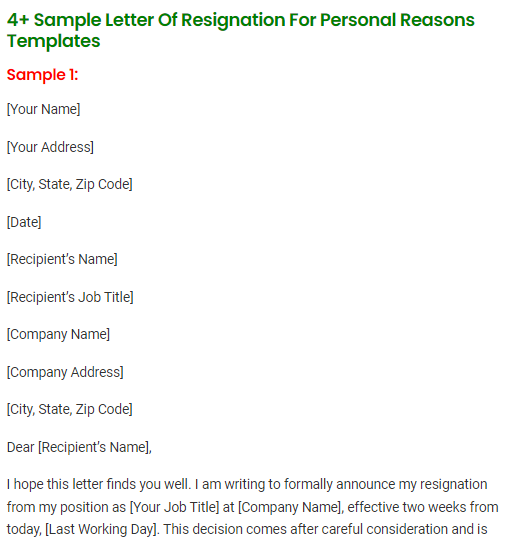 Sample Letter Of Resignation For Personal Reasons