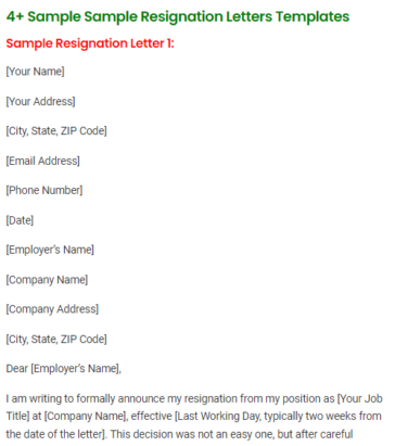 4+ Sample Resignation Letters Templates